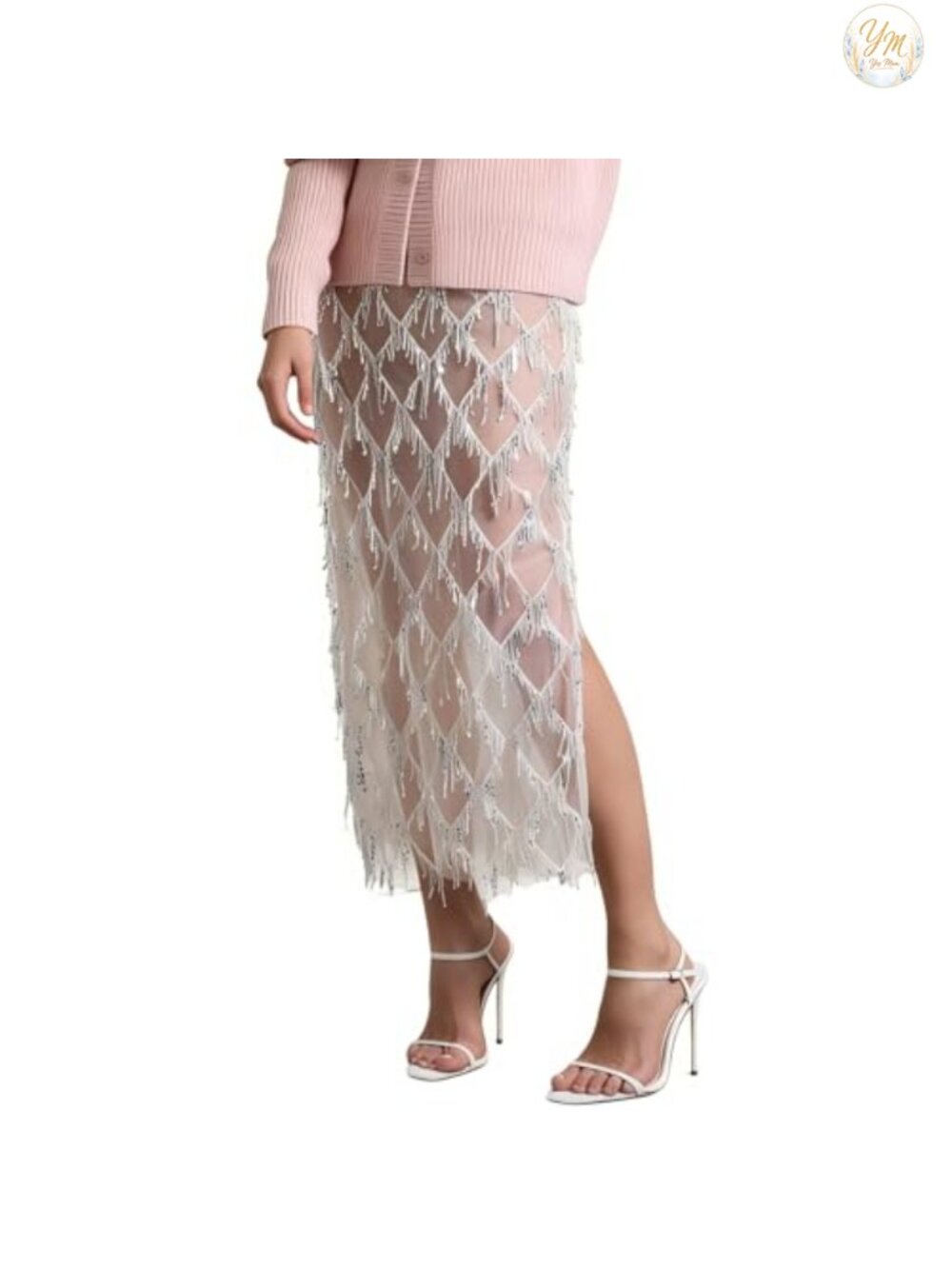 Womens Sequin Fringe Midi Skirt Sheer Mesh Tassel Party Skirt